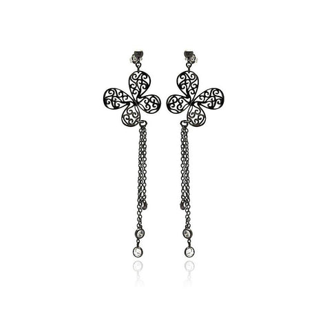 Brass Black Rhodium Butterfly Multiple Strand Stone Cz Dangling Earring