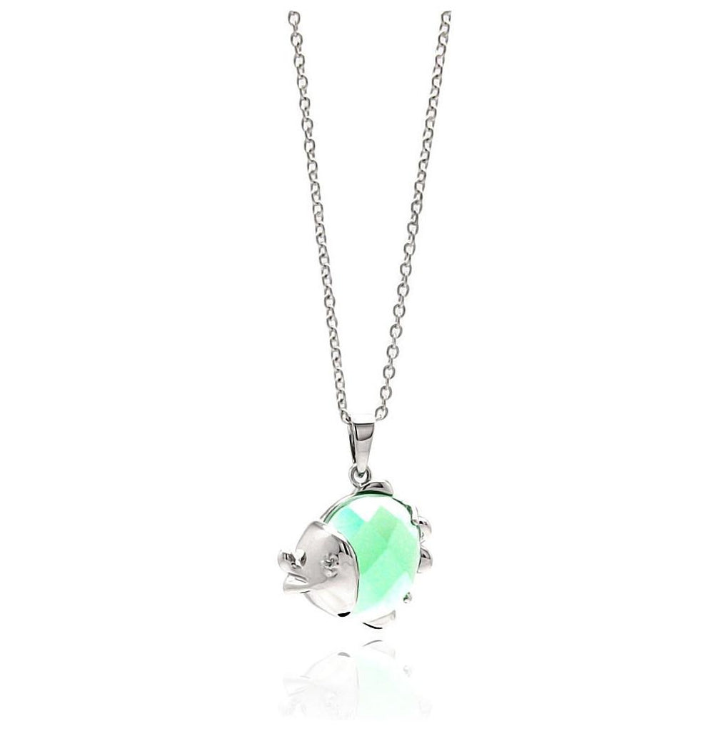 Brass Rhodium Plated Aqua Cz Fish Necklace