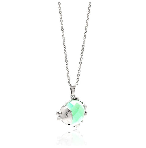 Brass Rhodium Plated Aqua Cz Fish Necklace