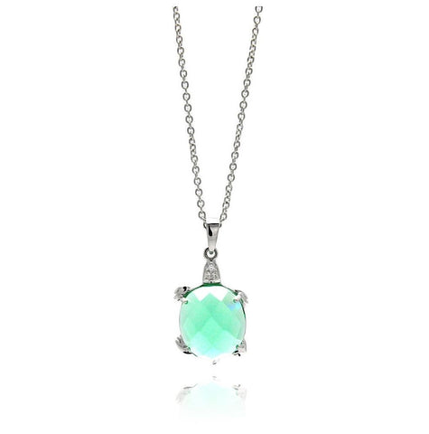 Brass Rhodium Plated Aqua Cz Turtle Necklace