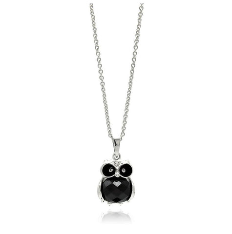 Brass Rhodium Plated Black Cz Owl Necklace