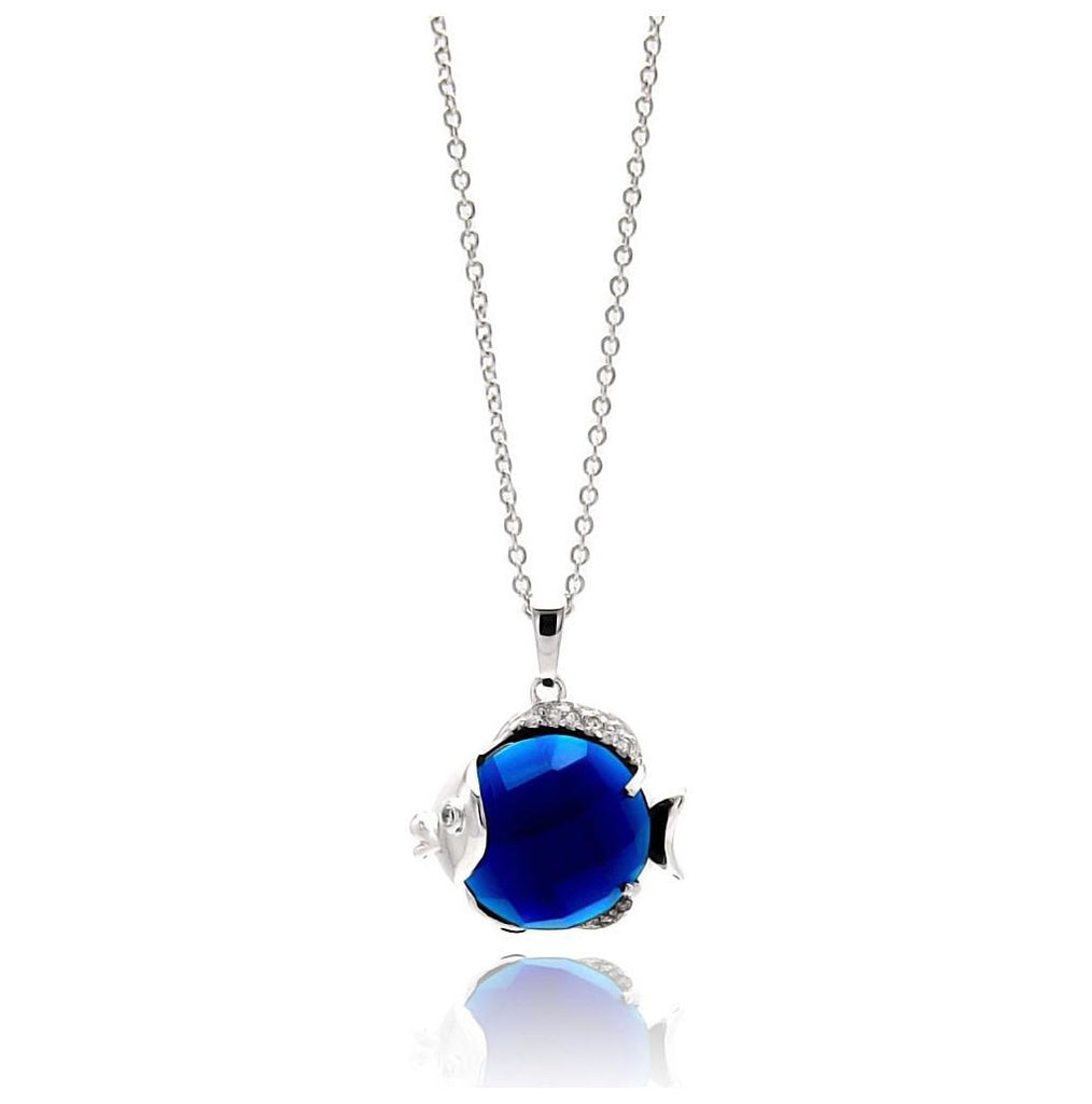 Brass Rhodium Plated Blue Cz Fish Necklace