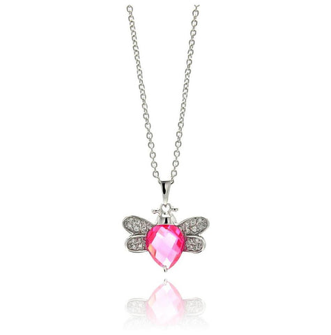 Brass Rhodium Plated Pink Cz Butterfly Necklace