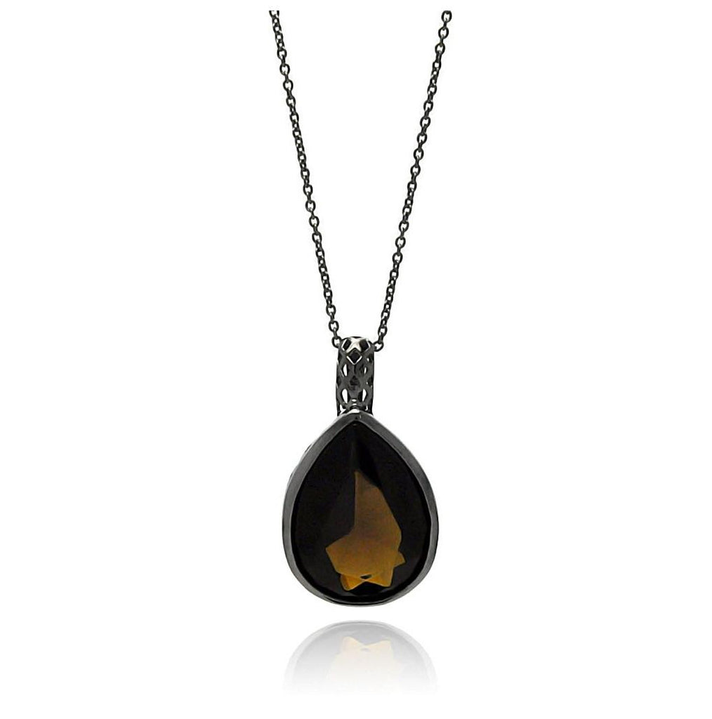 Brass Rhodium Plated Brown Teardrop Center Cz Necklace