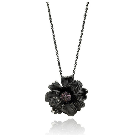 Brass Black Rhodium Plated Lavander Cz Flower Necklace