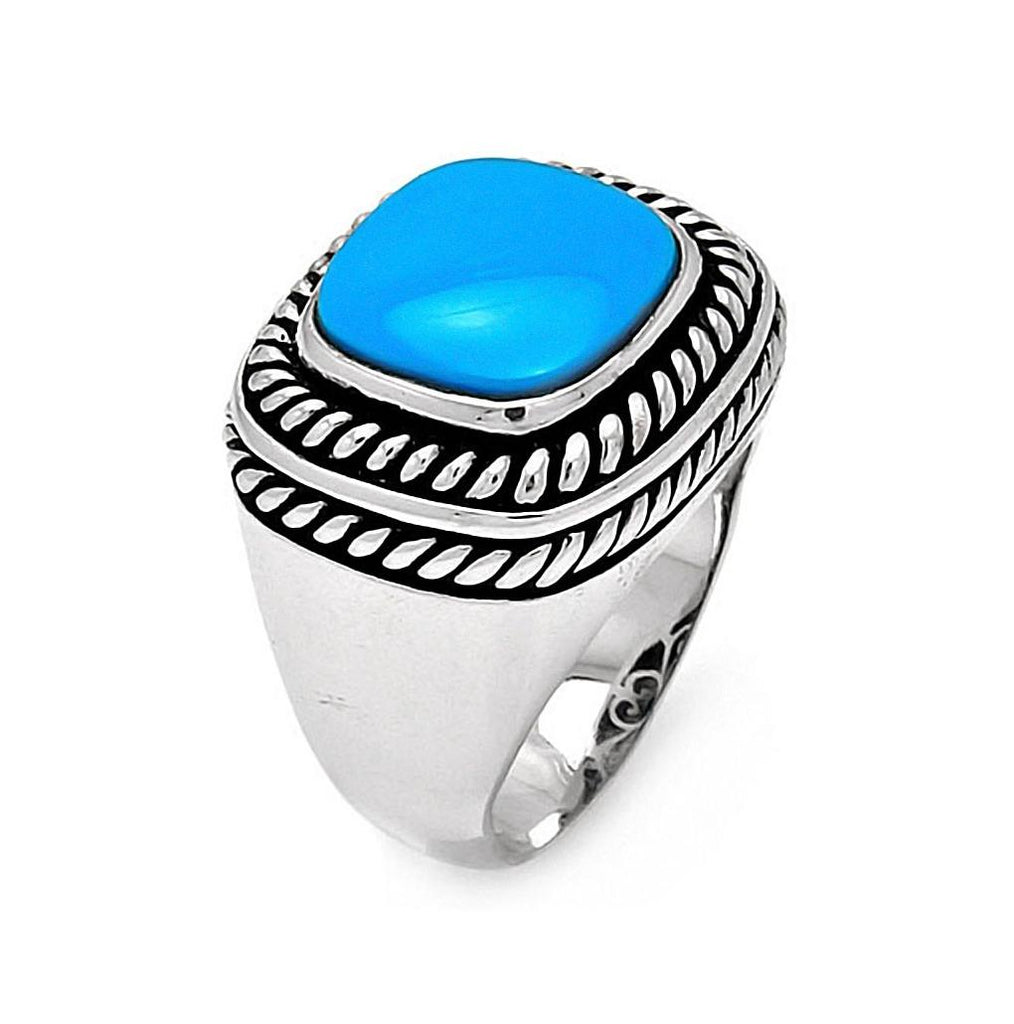 Brass Rhodium Plated Turquoise Center Stone Rope Design Ring, <b>size: 5</b>