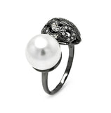 Brass Rhodium Plated Pearl & Flower Design Bead Ring, <b>size: 5</b>