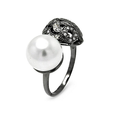 Brass Rhodium Plated Pearl & Flower Design Bead Ring, <b>size: 5</b>