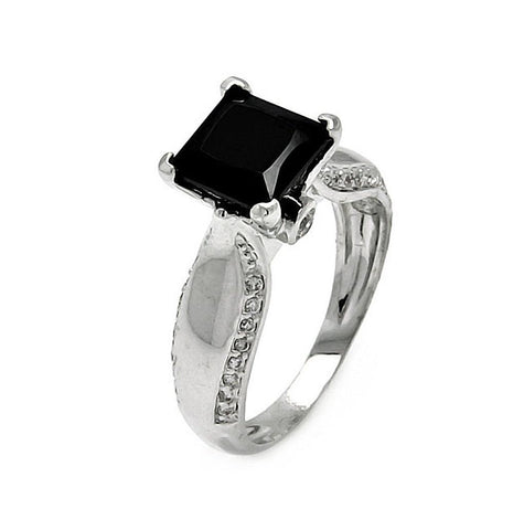 Brass Rhodium Plated Black Square Center Cz Stone Ring, <b>size: 5</b>