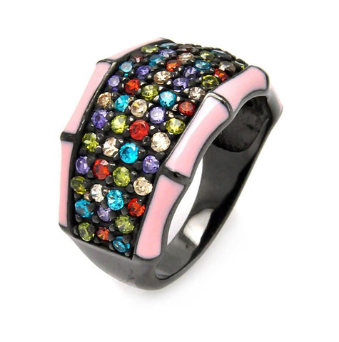 Brass Rhodium Plated Multiple Color Pink Enamle Cz Ring, <b>size: 5</b>