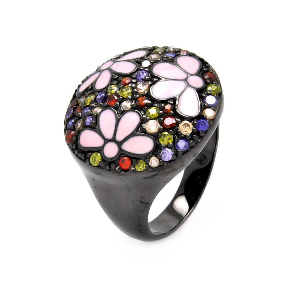 Brass Black Rhodium Plated Multiple Color Pink Enamel Flower Ring, <b>size: 5</b>