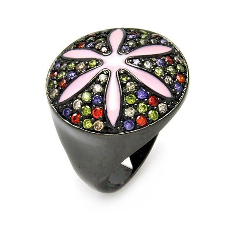 Brass Rhodium Plated Multiple Color Pink Enamel Flower Cz Ring, <b>size: 5</b>