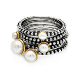 Brass Rhodium Plated Five Bead Designed Band Mult Size Pearl Ring, <b>size: 5</b>