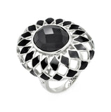 Brass Rhodium Plated Oval Shape Black Enamel Net Dome Cz Center Stone Ring, <b>size: 5</b>