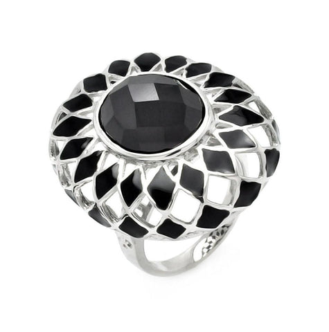 Brass Rhodium Plated Oval Shape Black Enamel Net Dome Cz Center Stone Ring, <b>size: 5</b>