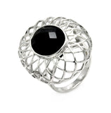 Brass Rhodium Plated Oval Shape Open Net Dome Black Cz Center Stone Ring, <b>size: 5</b>