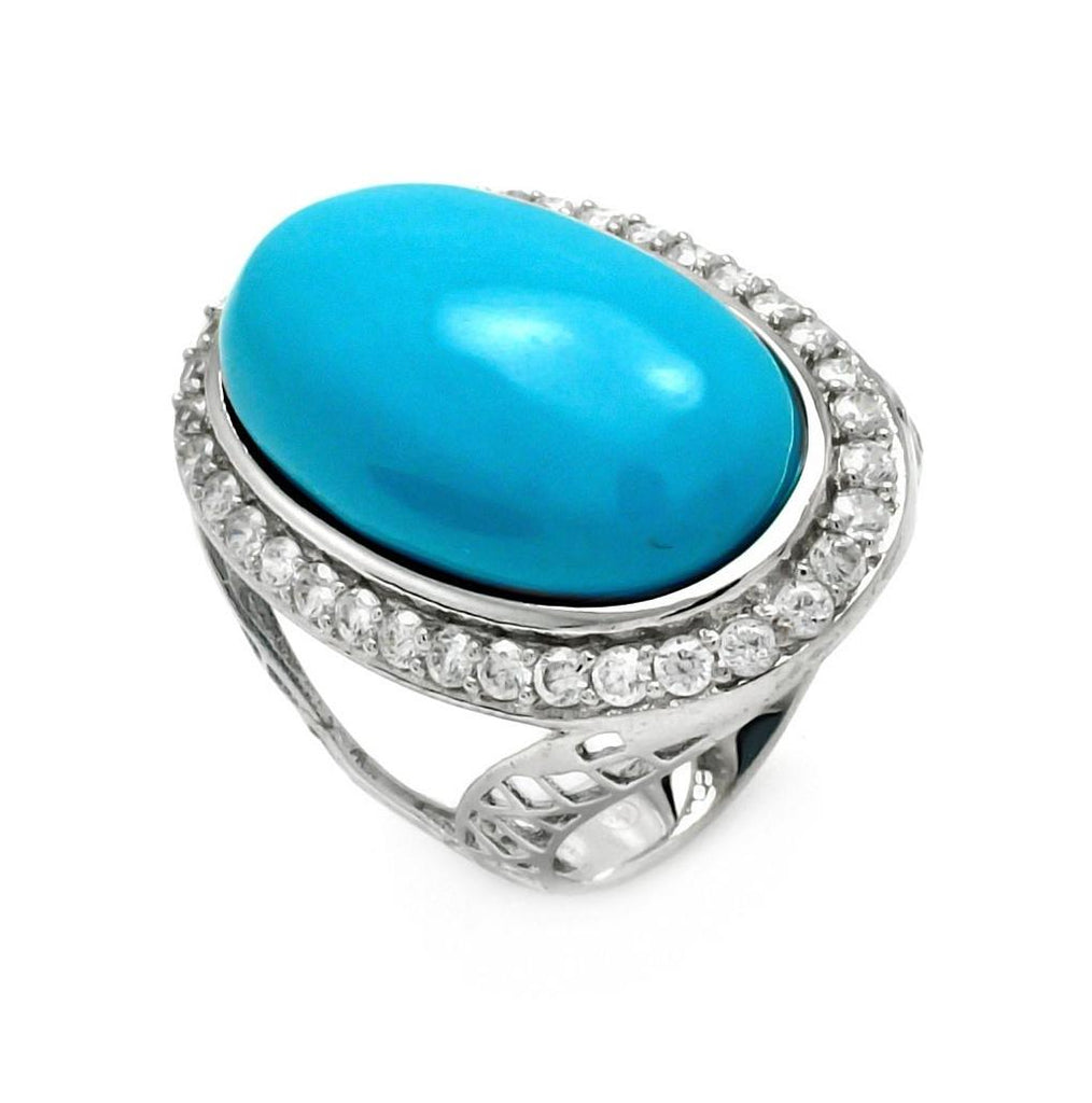 Brass Rhodium Plated Oval Shape Turquoise Cz Stone Ring, <b>size: 5</b>