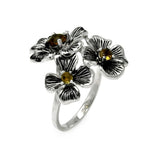 Brass Rhodium Plated Three Flowers With Champagne Cz Center Stone Ring, <b>size: 5</b>