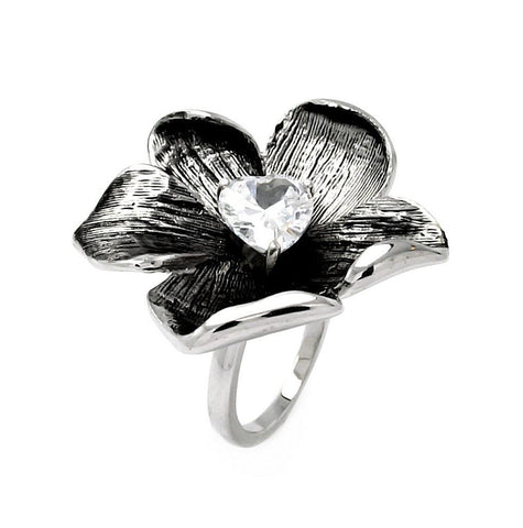 Brass Rhodium Plated Flower Heart Cz Stone Ring, <b>size: 5</b>