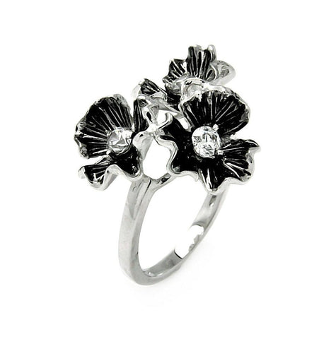 Brass Rhodium Plated Three Flower Clear Cz Stone Ring, <b>size: 5</b>