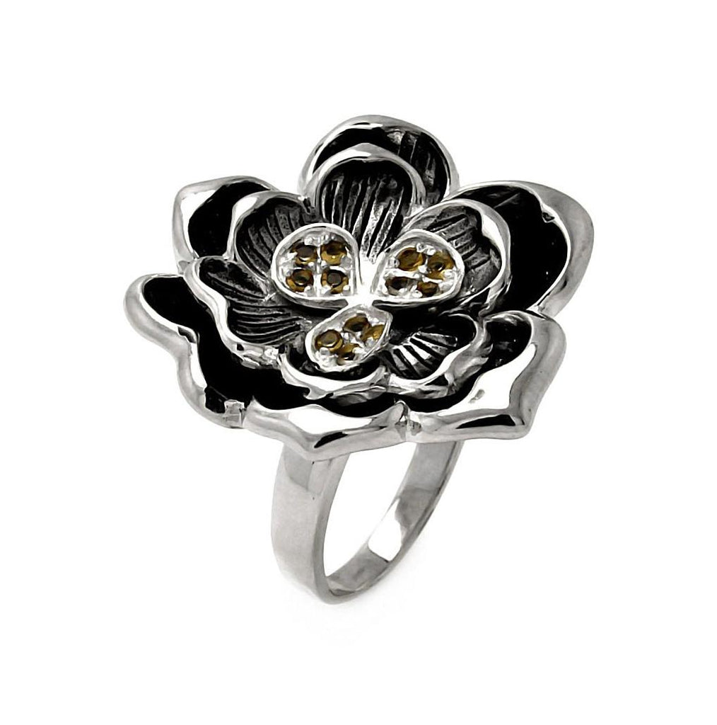 Brass Rhodium Plated Flower Champagne Cz Center Stone Ring, <b>size: 5</b>