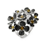 Brass Rhodium Plated Multiple Flower Champagne Cz Center Stone Ring, <b>size: 5</b>