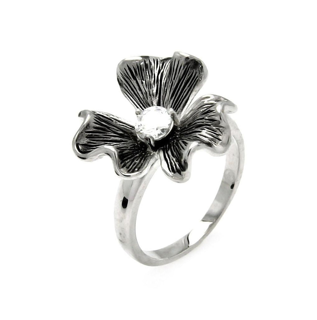 Brass Rhodium Plated Flower Cz Center Stone Ring, <b>size: 5</b>