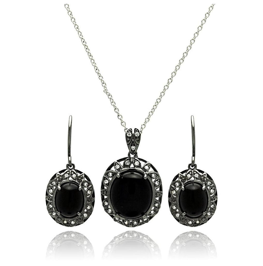 Brass Black Rhodium Plated Cz Disc Necklace & Earring Set