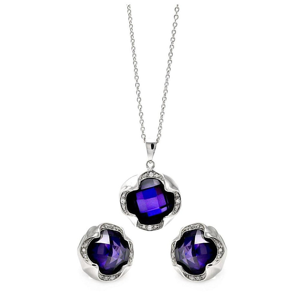 Brass Rhodium Plated Purple Round Cz Stone Necklace & Earring Set