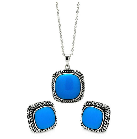 Brass Rhodium Plated Turquoise Square Center Braided Border Necklace & Earring Set