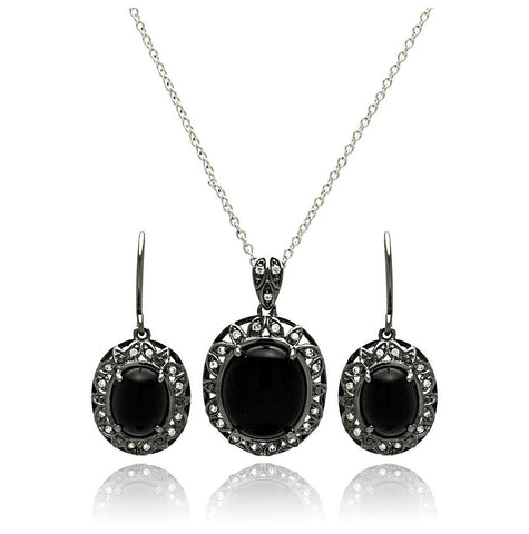 Brass Black Rhodium Plated Cz Disc Necklace & Earring Set