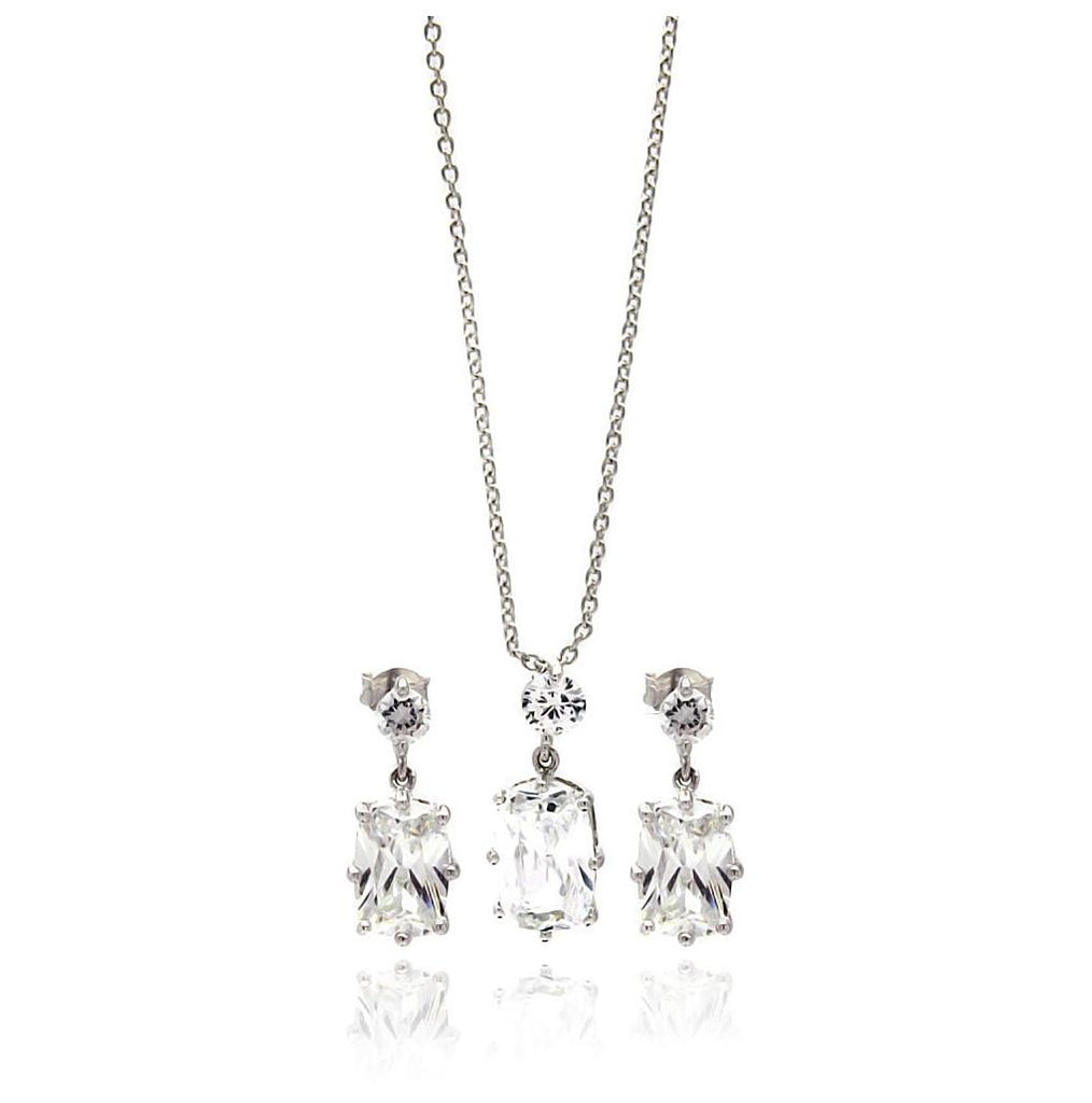 Brass Rhodium Plated Hanging Cz Necklace & Earring Set