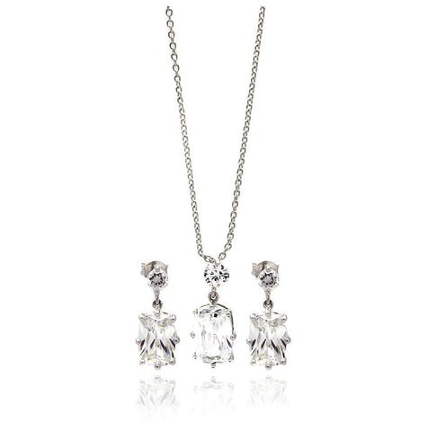 Brass Rhodium Plated Hanging Cz Necklace & Earring Set