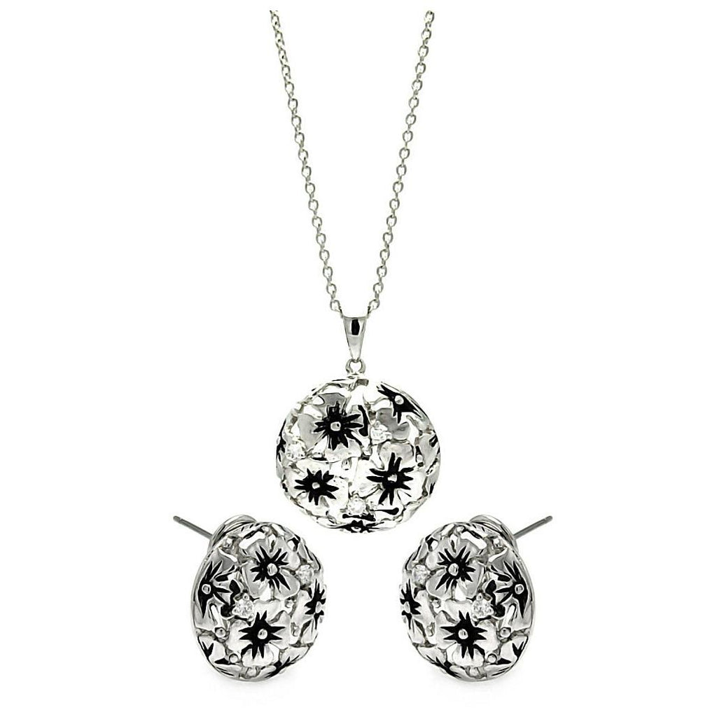 Brass Rhodium Plated Flower Disc Design Necklace & Earring Set