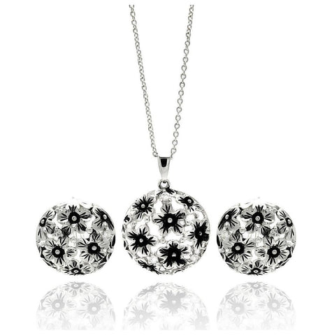 Brass Rhodium Plated Outline Disk Flower Necklace & Earring Set