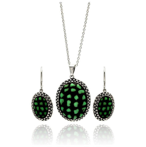 Brass Rhodium Plated Oval Green Dot Design Necklace & Earring Set