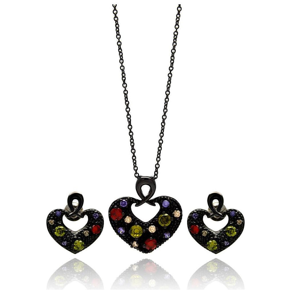 Brass Black Rhodium Plated Open Heart Multiple Color Necklace & Earring Set