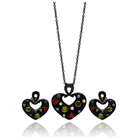 Brass Black Rhodium Plated Open Heart Multiple Color Necklace & Earring Set