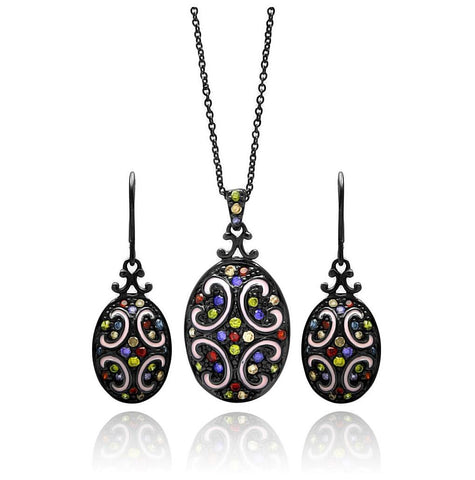 Brass Black Rhodium Plated Oval Disk Multiple Color Cz Necklace & Earring Set