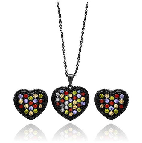 Brass Black Rhodium Plated Heart Multiple Color Cz Necklace & Earring Set