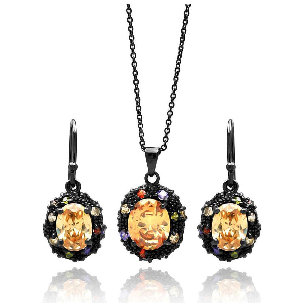 Brass Black Rhodium Plated Champagne Center Cz Oval Stone Multiple Color Necklace & Earring Set