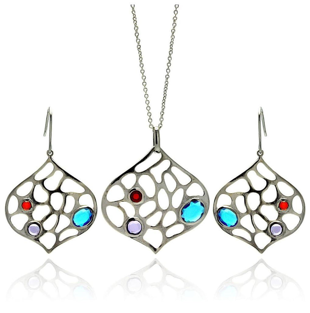 Brass Rhodium Plated Outline Leave Multiple Color Cz Necklace & Earring Set