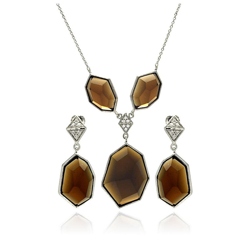 Brass Rhodium Plated Hanging Large Brown Cz Necklace & Earring Set