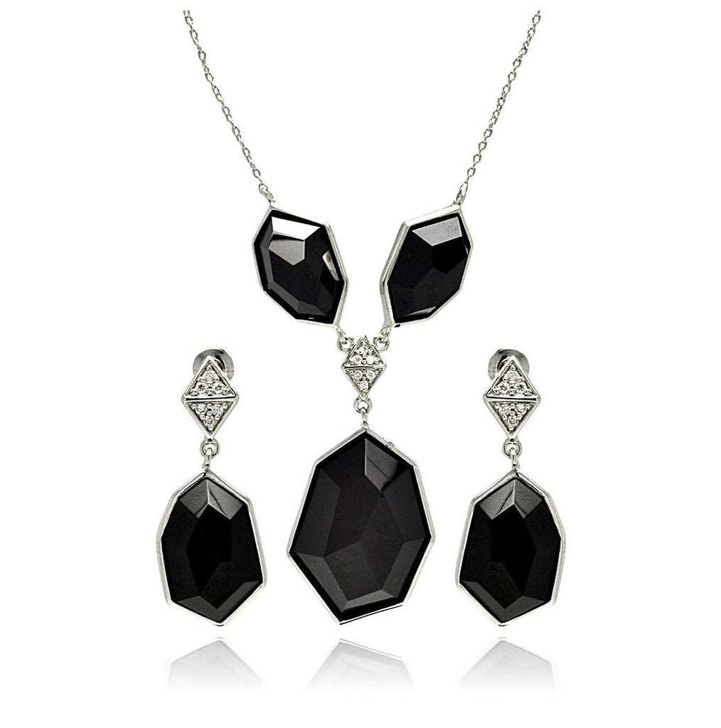 Brass Rhodium Plated Hanging Large Black Necklace & Earring Set