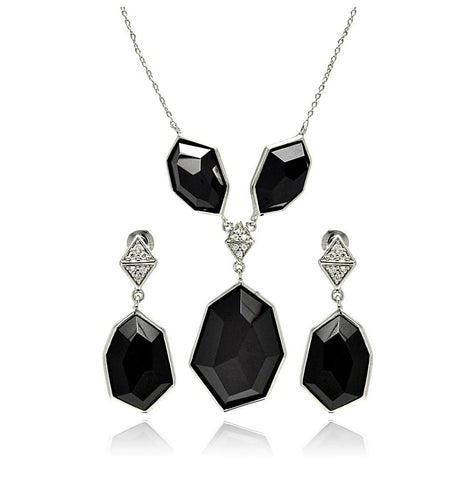 Brass Rhodium Plated Hanging Large Black Necklace & Earring Set