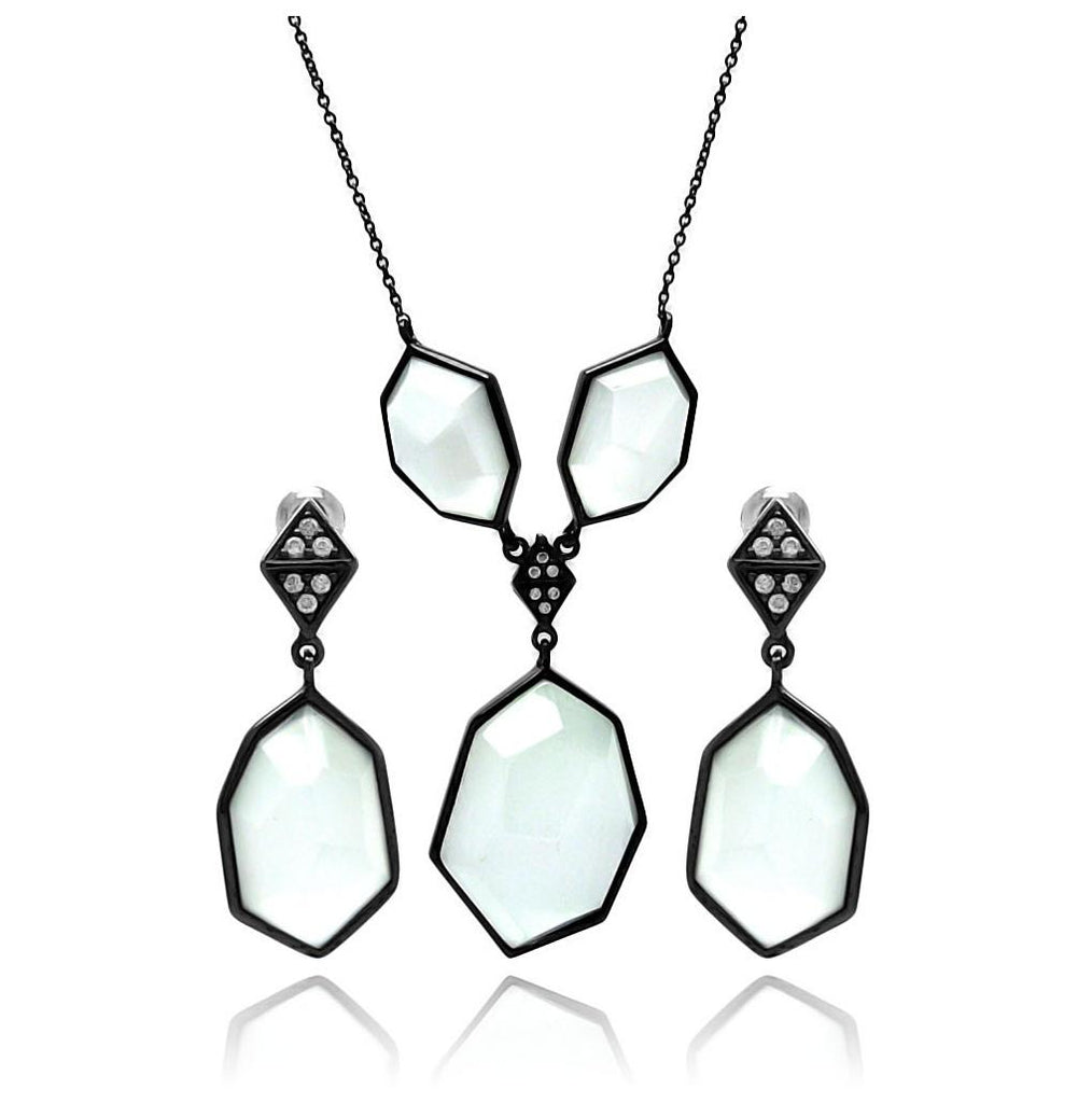 Brass Black Rhodium Plated Hanging Large White Cz Necklace & Earring Set