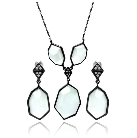 Brass Black Rhodium Plated Hanging Large White Cz Necklace & Earring Set