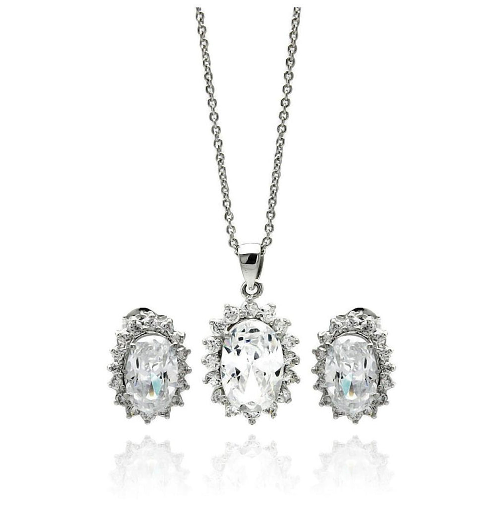 Brass Rhodium Plated Oval Cz Necklace & Earring Set