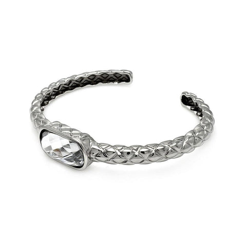 Brass Rhodium Plated Net Design Oval Cz Center Stone Bracelet