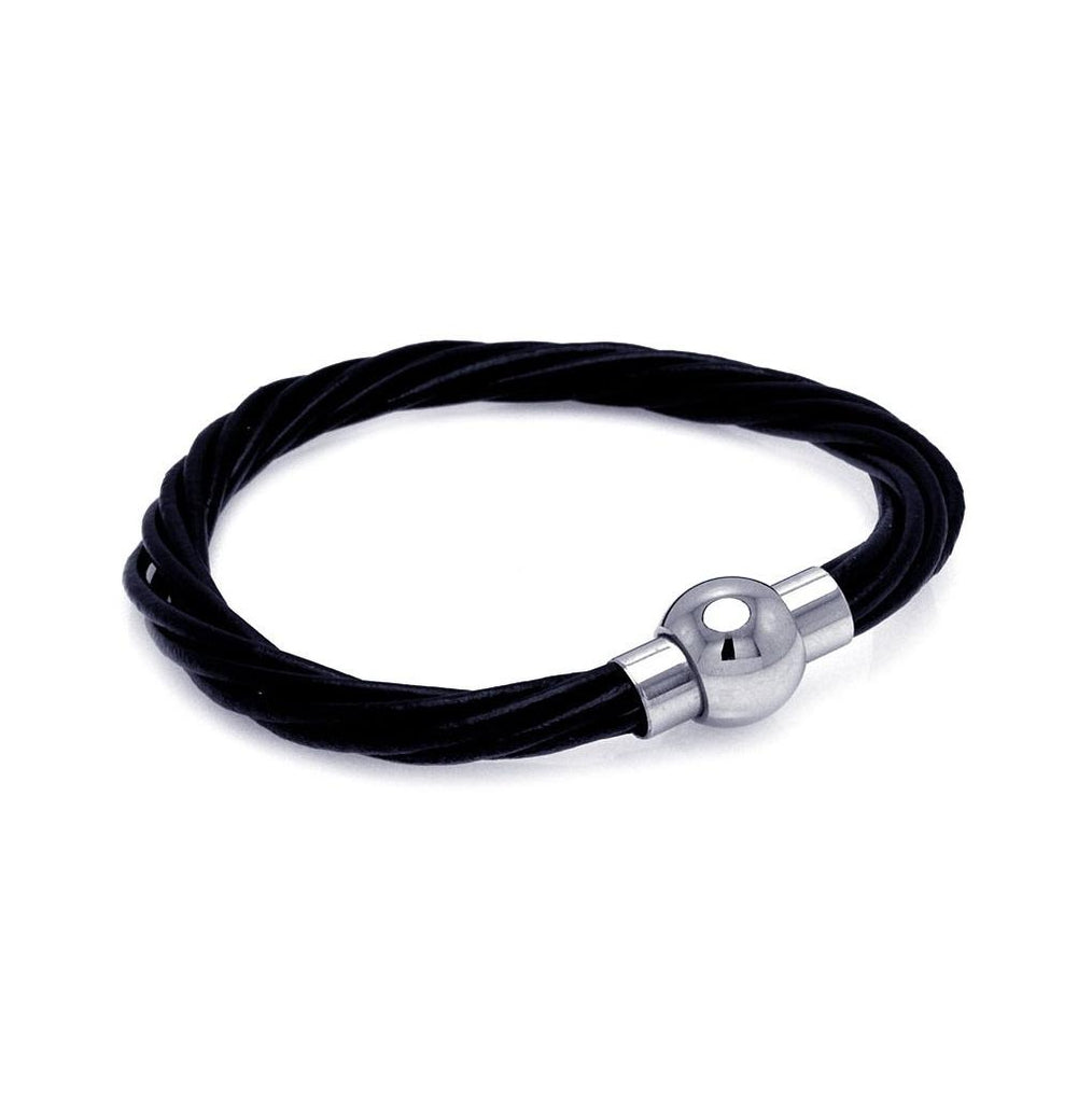 Stainless Steel Black Leather Magnet Lock Bracelet